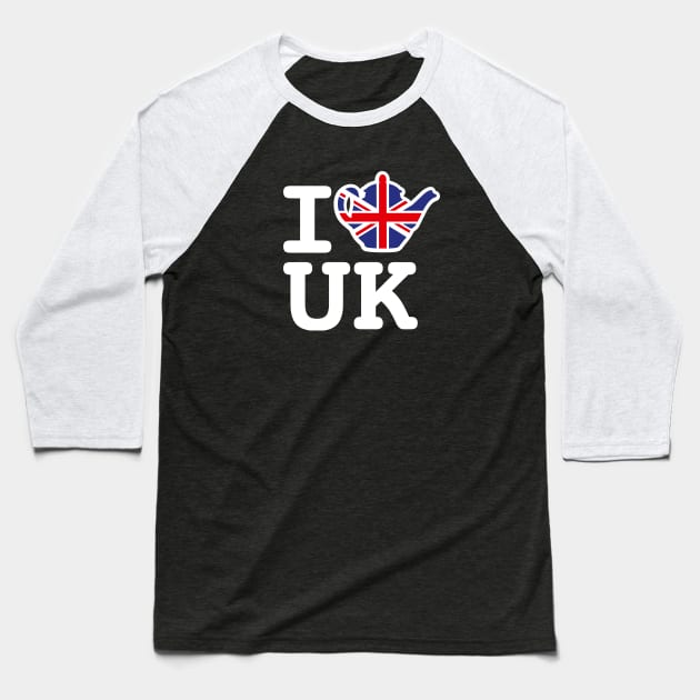 I love UK Union Jack Flag United Kingdom British teapot Baseball T-Shirt by LaundryFactory